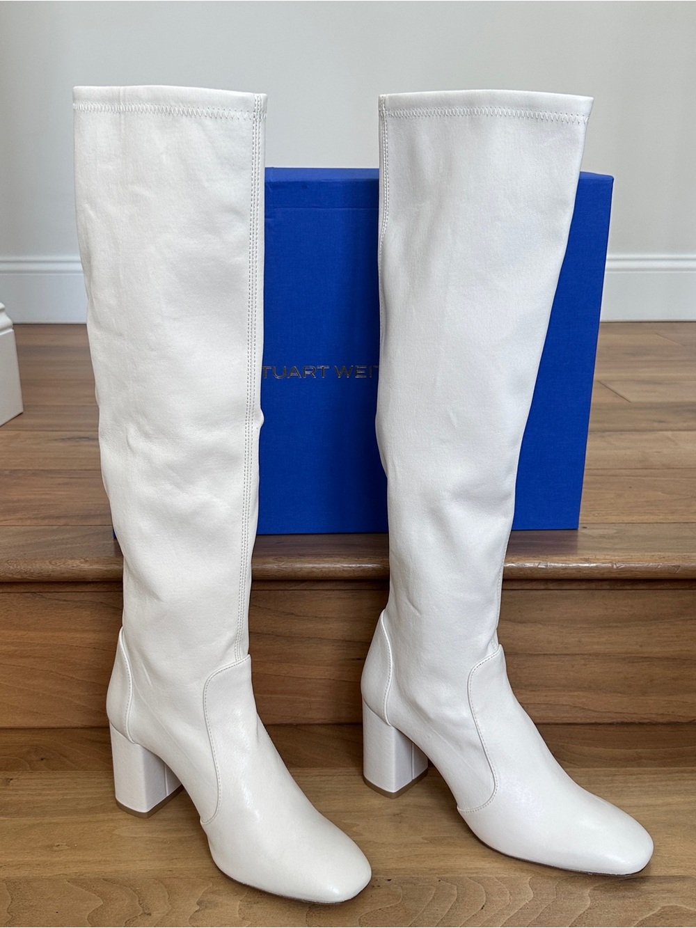 NWT Stuart Weitzman Lucie Boot 75 Cream Knee-High Stretch Nappa Leather Boots